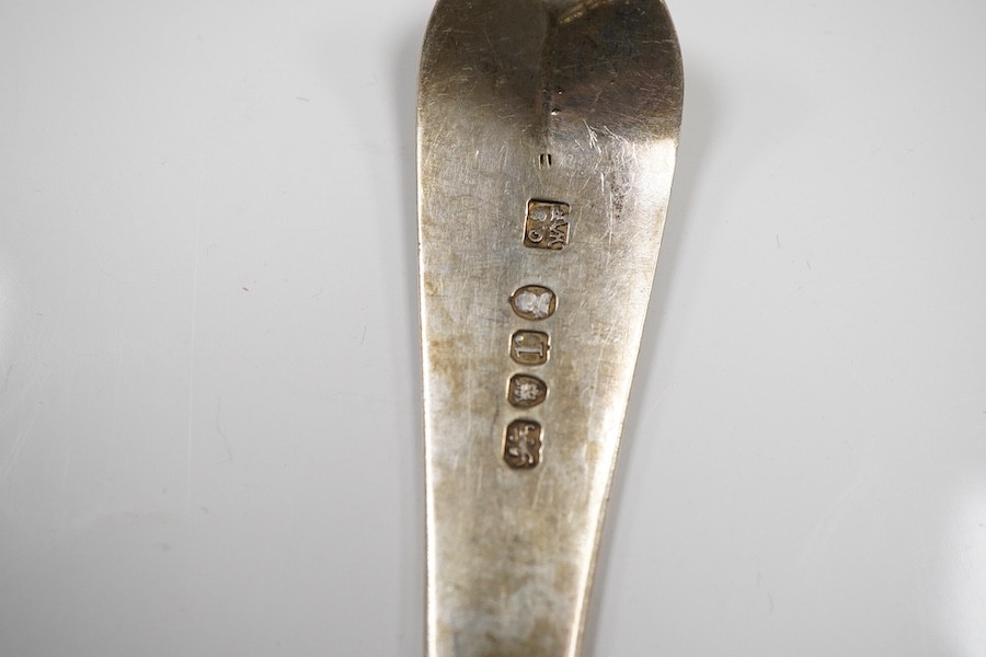 A pair of George III silver Old English pattern basting spoons, by Smith & Fearn, London, 1792, 27.4cm, with engraved crest, together with a George IV silver toddy ladle, with baleen handle, London, 1823 and three contin